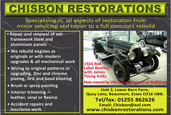 Chisbon Restorations - Repair and renewal of ash framework Repair or renewal of steel and aluminium panels Rebuilding engines as originals or with modern upgrades such as neoprene seals, valve seat inserts etc. All other me