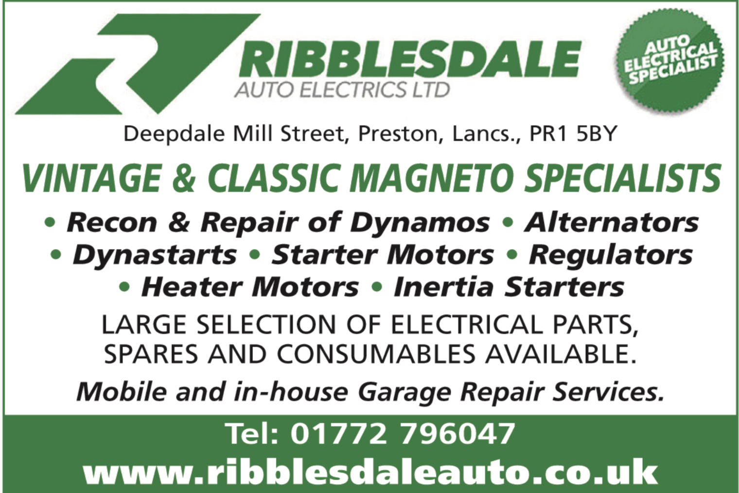 Ribblesdale Auto Electrics - Vintage & classic Magneto Specialists, recon and repair dynamos, alternators, heaters, starter motors,